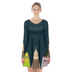 Animals Lovebird Walnut Peacock Parrots Birds Long Sleeve Velvet V-neck Dress by Mariart