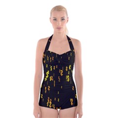 Animated Falling Spinning Shining 3d Golden Dollar Signs Against Transparent Boyleg Halter Swimsuit  by Mariart