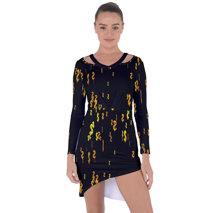 Animated Falling Spinning Shining 3d Golden Dollar Signs Against Transparent Asymmetric Cut-Out Shift Dress