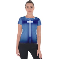 Blue Cross Christian Short Sleeve Sports Top  by Mariart