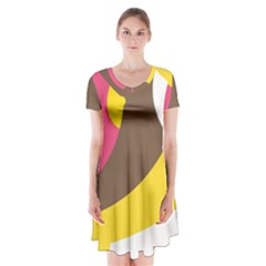 Breast Pink Brown Yellow White Rainbow Short Sleeve V-neck Flare Dress