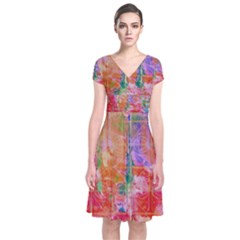 Colorful Watercolors Pattern                       Short Sleeve Front Wrap Dress by LalyLauraFLM