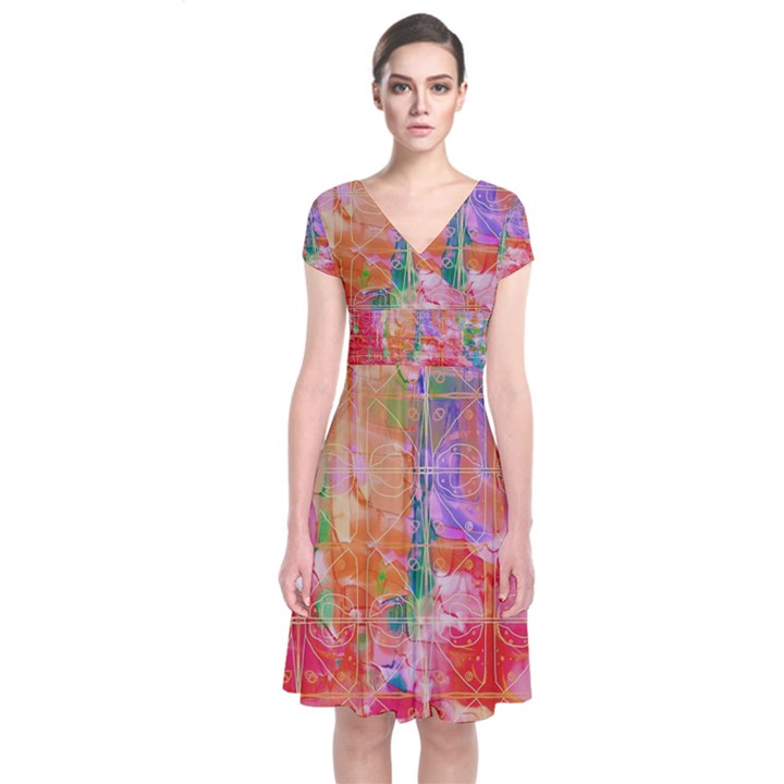 Colorful watercolors pattern                       Short Sleeve Front Wrap Dress