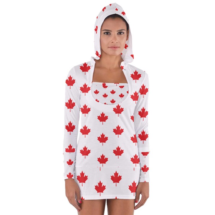 Canadian Maple Leaf Pattern Long Sleeve Hooded T-shirt