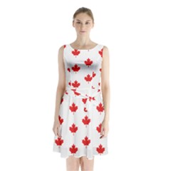 Canadian Maple Leaf Pattern Sleeveless Waist Tie Chiffon Dress