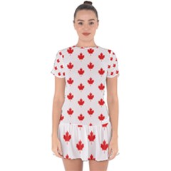 Canadian Maple Leaf Pattern Drop Hem Mini Chiffon Dress