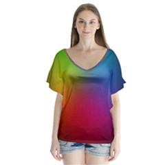 Bright Lines Resolution Image Wallpaper Rainbow V-neck Flutter Sleeve Top