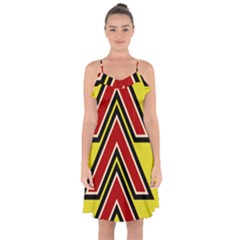 Chevron Symbols Multiple Large Red Yellow Ruffle Detail Chiffon Dress