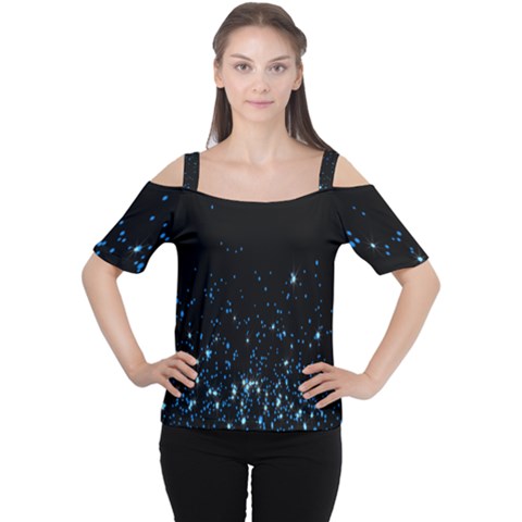 Blue Glowing Star Particle Random Motion Graphic Space Black Cutout Shoulder Tee by Mariart