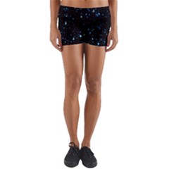 Blue Glowing Star Particle Random Motion Graphic Space Black Yoga Shorts by Mariart