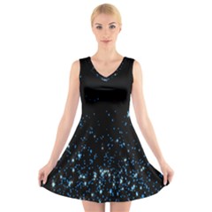 Blue Glowing Star Particle Random Motion Graphic Space Black V-neck Sleeveless Skater Dress by Mariart