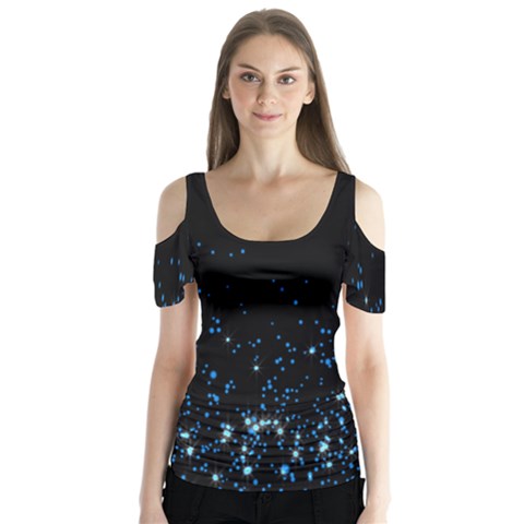 Blue Glowing Star Particle Random Motion Graphic Space Black Butterfly Sleeve Cutout Tee  by Mariart