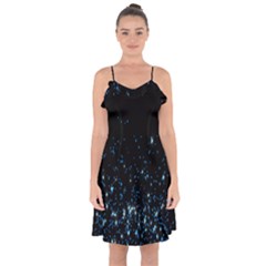 Blue Glowing Star Particle Random Motion Graphic Space Black Ruffle Detail Chiffon Dress by Mariart