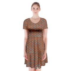 Brick Wall Brown Line Short Sleeve V-neck Flare Dress by Mariart