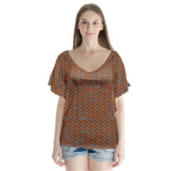 Brick Wall Brown Line V-neck Flutter Sleeve Top by Mariart