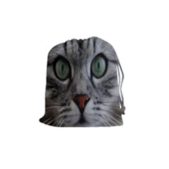 Cat Face Eyes Gray Fluffy Cute Animals Drawstring Pouches (medium) 