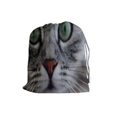 Cat Face Eyes Gray Fluffy Cute Animals Drawstring Pouches (large)  by Mariart