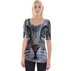 Cat Face Eyes Gray Fluffy Cute Animals Wide Neckline Tee