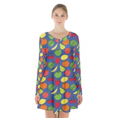 Fruit Melon Cherry Apple Strawberry Banana Apple Long Sleeve Velvet V-neck Dress