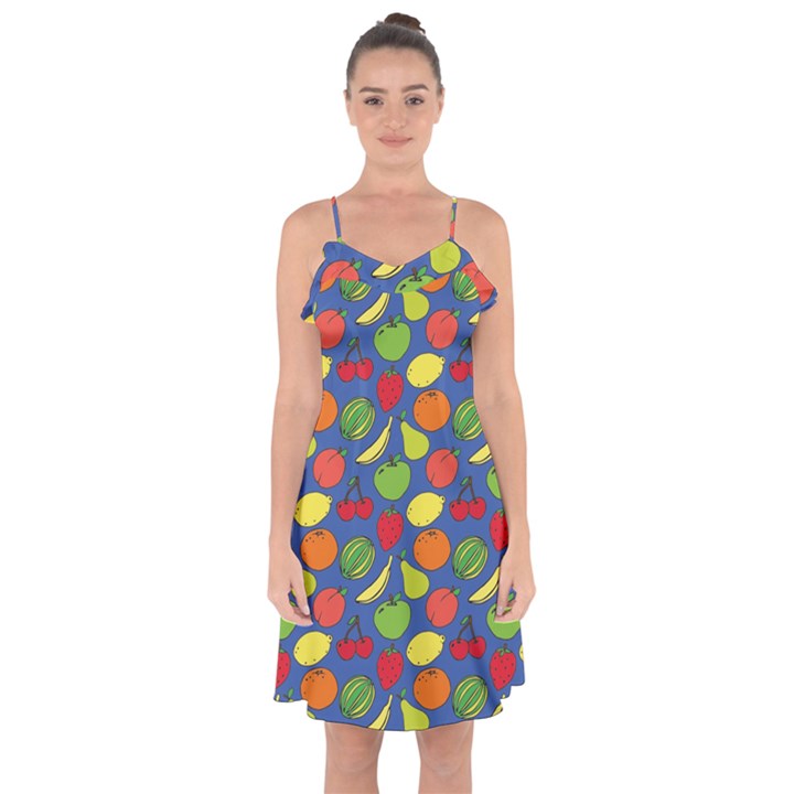 Fruit Melon Cherry Apple Strawberry Banana Apple Ruffle Detail Chiffon Dress