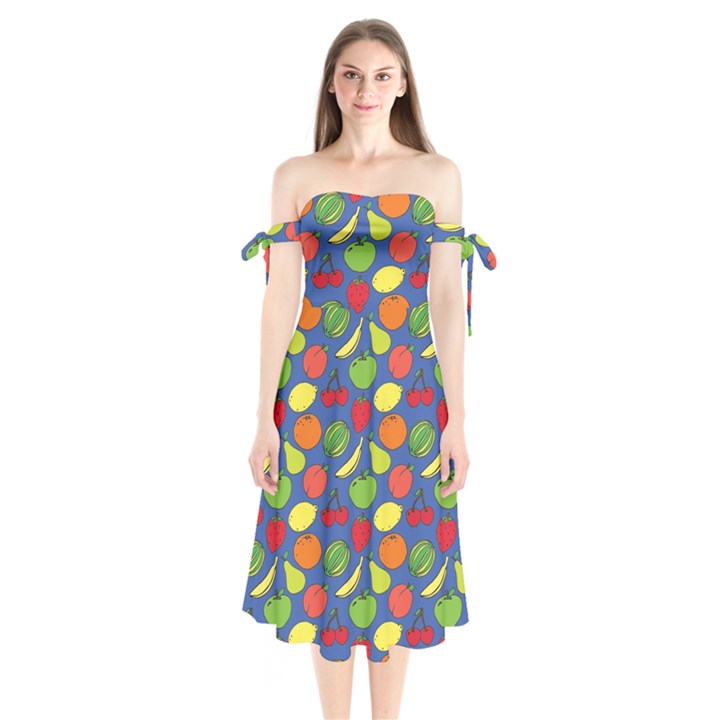 Fruit Melon Cherry Apple Strawberry Banana Apple Shoulder Tie Bardot Midi Dress