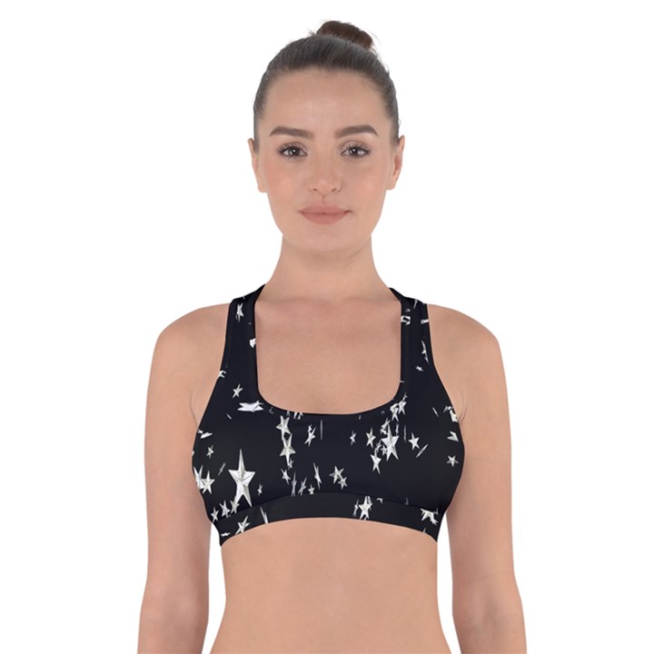 Falling Spinning Silver Stars Space White Black Cross Back Sports Bra