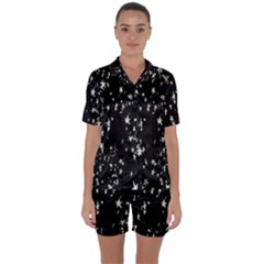 Falling Spinning Silver Stars Space White Black Satin Short Sleeve Pyjamas Set by Mariart