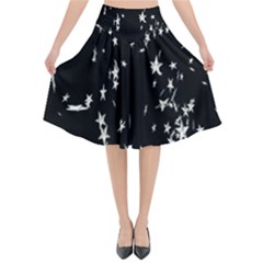 Falling Spinning Silver Stars Space White Black Flared Midi Skirt by Mariart