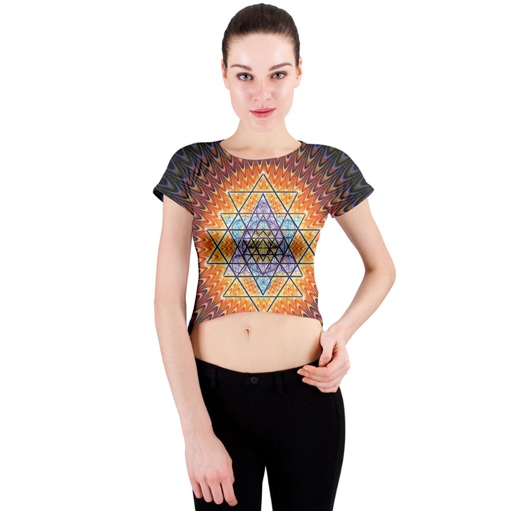 Cosmik Triangle Space Rainbow Light Blue Gold Orange Crew Neck Crop Top