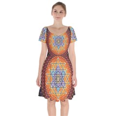 Cosmik Triangle Space Rainbow Light Blue Gold Orange Short Sleeve Bardot Dress