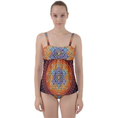 Cosmik Triangle Space Rainbow Light Blue Gold Orange Twist Front Tankini Set by Mariart