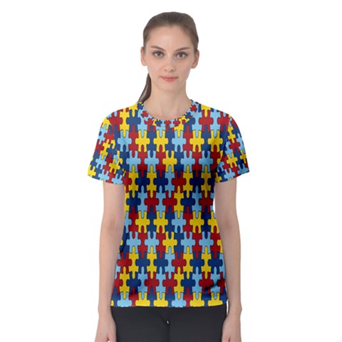 Fuzzle Red Blue Yellow Colorful Women s Sport Mesh Tee by Mariart