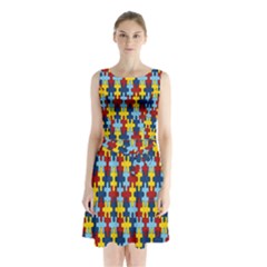 Fuzzle Red Blue Yellow Colorful Sleeveless Waist Tie Chiffon Dress