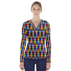 Fuzzle Red Blue Yellow Colorful V-neck Long Sleeve Top