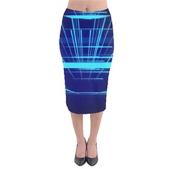 Grid Structure Blue Line Velvet Midi Pencil Skirt