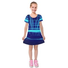 Grid Structure Blue Line Kids  Short Sleeve Velvet Dress by Mariart