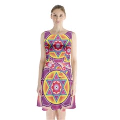 Kali Yantra Inverted Rainbow Sleeveless Waist Tie Chiffon Dress