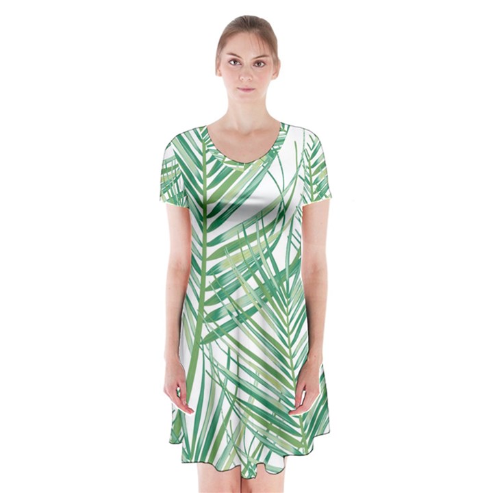 Jungle Fever Green Leaves Short Sleeve V-neck Flare Dress