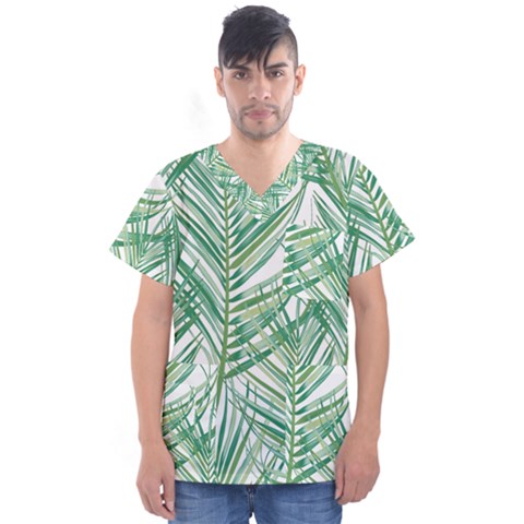 Jungle Fever Green Leaves Men s V-neck Scrub Top by Mariart