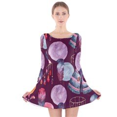 Boho Tribal Watercolor Pattern  Long Sleeve Velvet Skater Dress