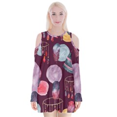 Boho Tribal Watercolor Pattern  Velvet Long Sleeve Shoulder Cutout Dress