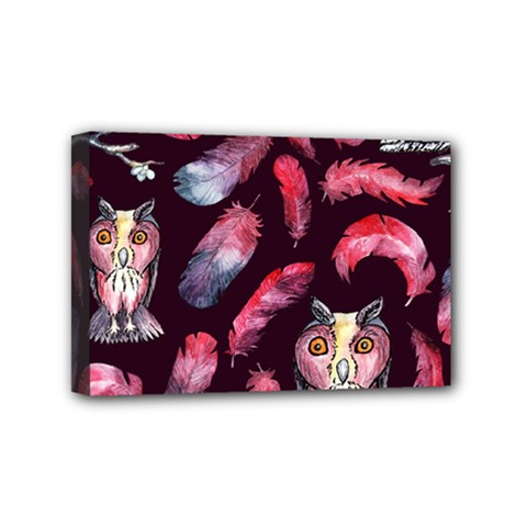 Boho Owl And Feather Pattern Mini Canvas 6  X 4  by paulaoliveiradesign