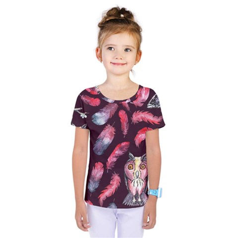 Boho Owl And Feather Pattern Kids  One Piece Tee by paulaoliveiradesign