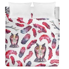 Boho Owl And Feather White Pattern Duvet Cover Double Side (queen Size) by paulaoliveiradesign