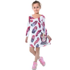 Boho Owl And Feather White Pattern Kids  Long Sleeve Velvet Dress