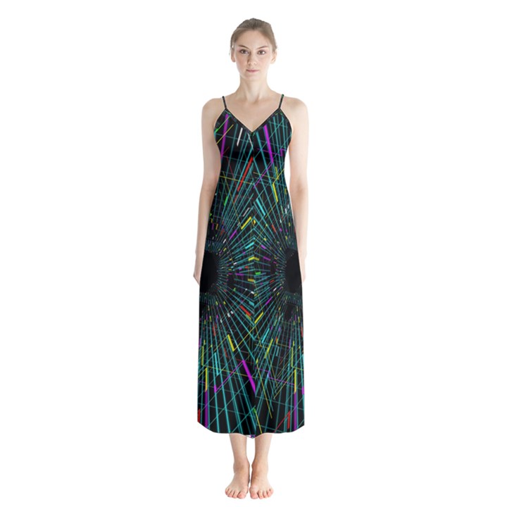 Colorful Geometric Electrical Line Block Grid Zooming Movement Button Up Chiffon Maxi Dress