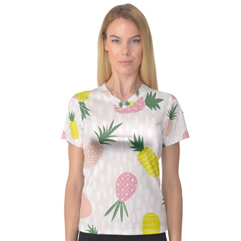 Pineapple Rainbow Fruite Pink Yellow Green Polka Dots V-neck Sport Mesh Tee by Mariart