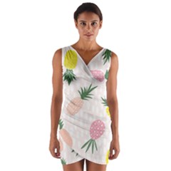 Pineapple Rainbow Fruite Pink Yellow Green Polka Dots Wrap Front Bodycon Dress