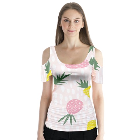 Pineapple Rainbow Fruite Pink Yellow Green Polka Dots Butterfly Sleeve Cutout Tee  by Mariart