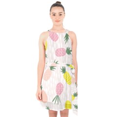 Pineapple Rainbow Fruite Pink Yellow Green Polka Dots Halter Collar Waist Tie Chiffon Dress by Mariart